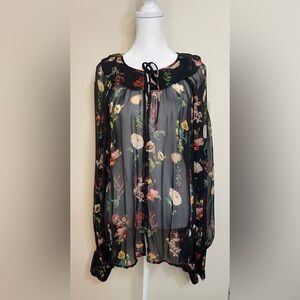 Anthropologie Women’s Sheer Neck Tie Button down Blouse Raglan Sleeve Size Xl.